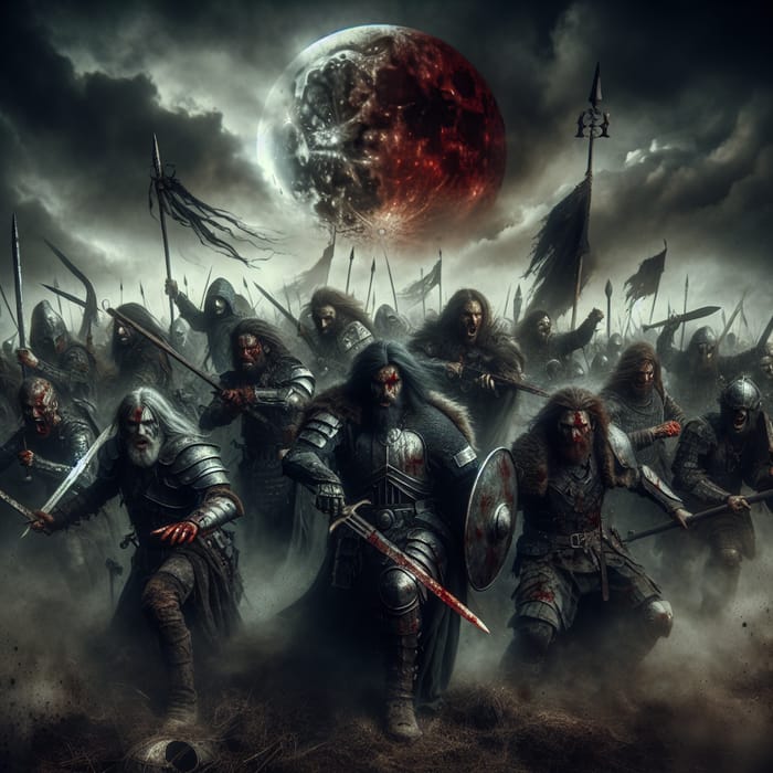 Epic Dark Fantasy Battle Scene with Blood Moon