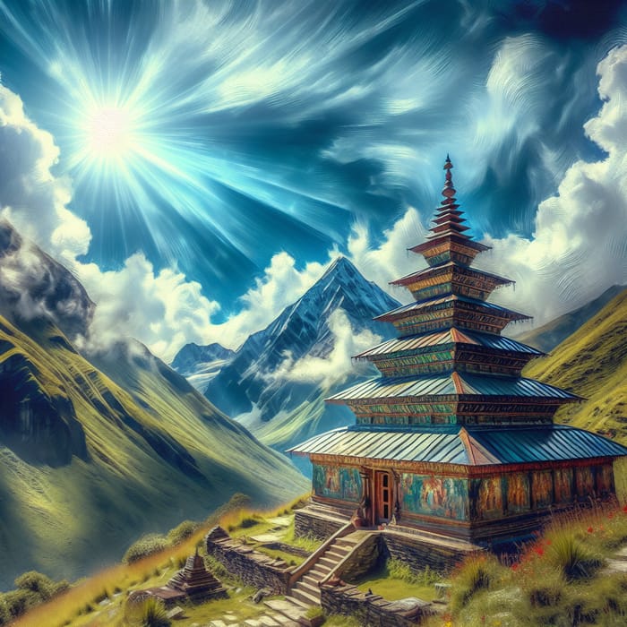 Divine Serenity: Kedarnath Dham Oil Painting with Clear Blue Sky
