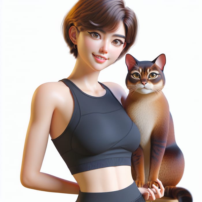Pixar-style 20-Year-Old Girl with Burmese Cat in Black Outfit