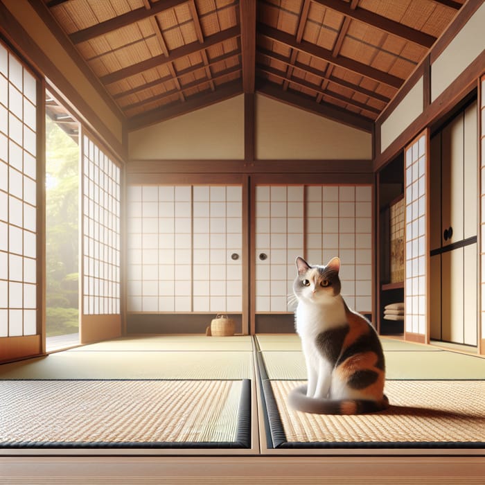 Calico Cat Sitting in Traditional Japanese House - Tenma