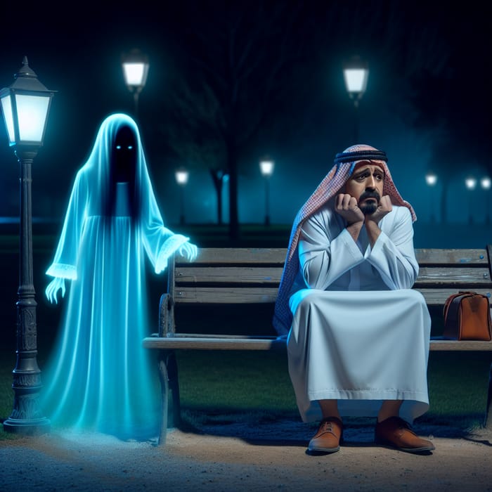 Phantom Girl in Blue Dress Haunting Park at Night with Sad Man