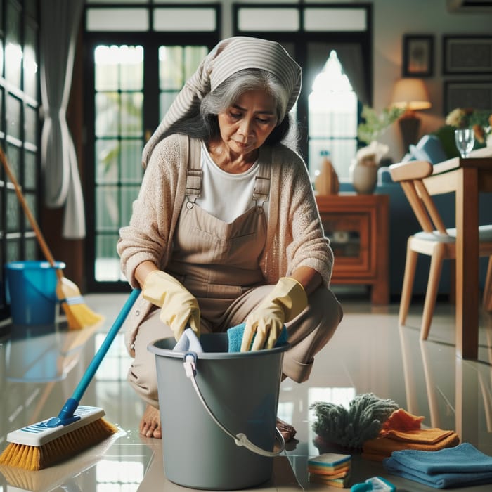 Indonesian Housewife Organizing with her Cleaning Tools