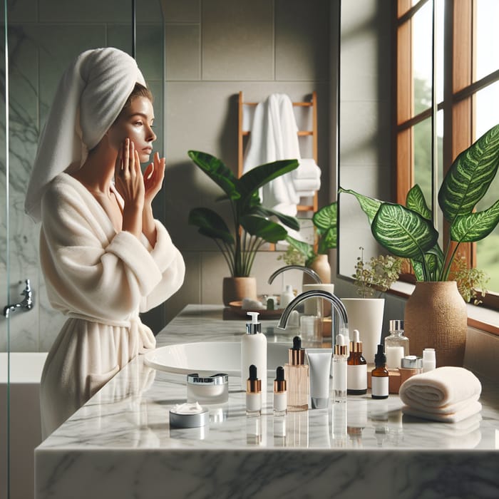 Relaxing Skin Care Routine in a Luxurious Bathroom Setting