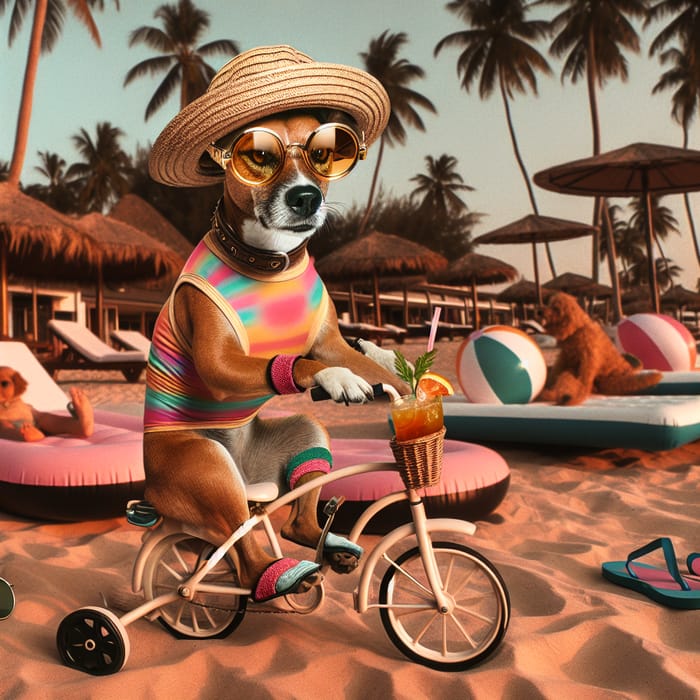 Trendy Beach Dog in Colorful Attire on Retro Bicycle