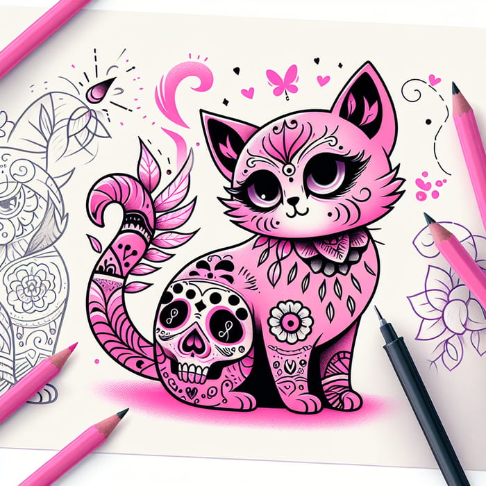 Rosy Pink Cat with Skull Tattoos