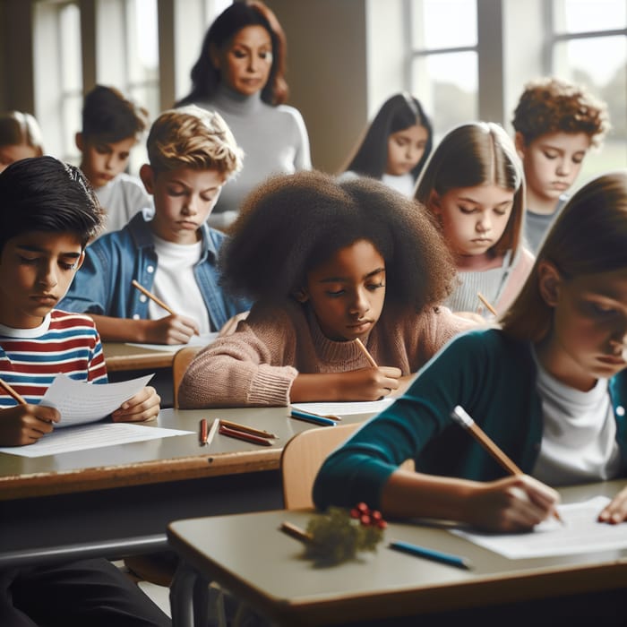 Focused Children Writing Test in Quiet Classroom