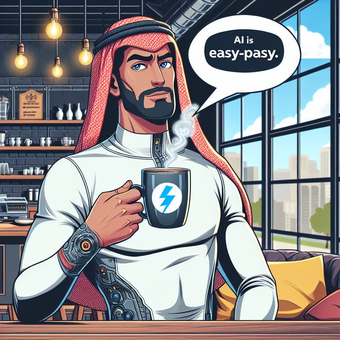 Sci-Fi Cartoon: Middle-Eastern Man with Lightning Bolt Coffee Mug in Futuristic Coffee Shop and 'AI is Easy-Peasy'