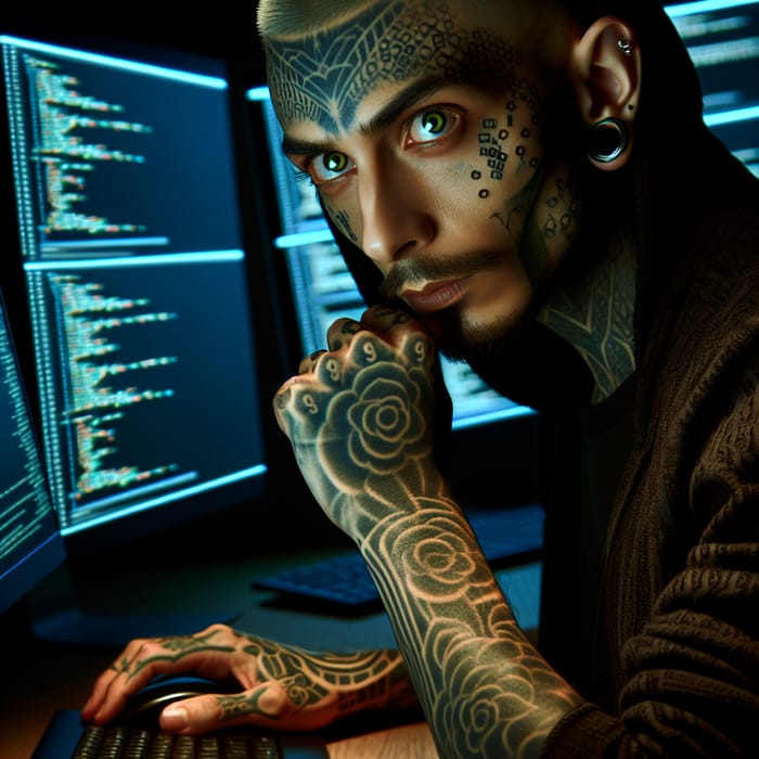 Enigmatic Hacker with Intricate Tattoos - South Asian Character