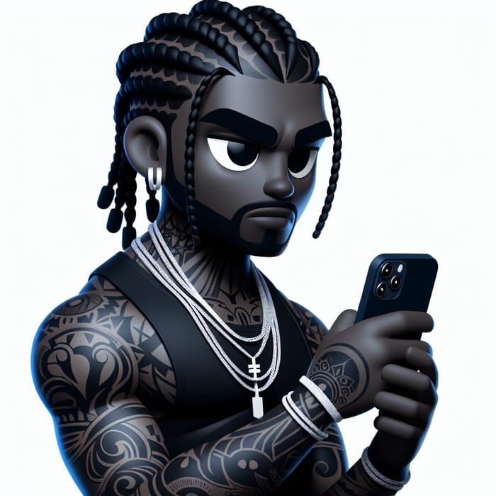 Stylized Dark-Skinned Male with Braids and Tattoos Holding Phone
