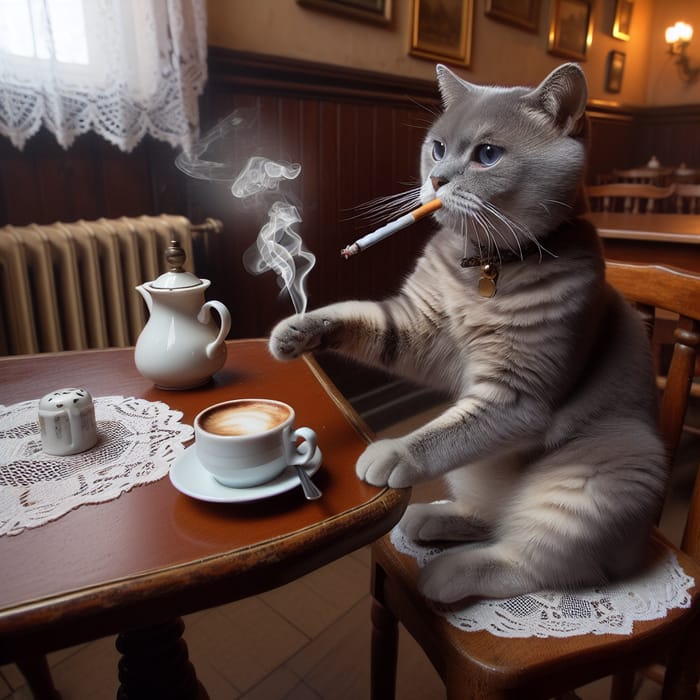 Cat Drinking Coffee in Polish Restaurant