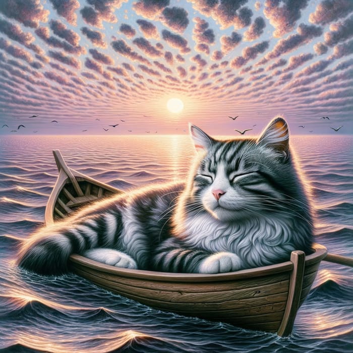 Serene Cat Dreaming on Boat in Sunlit Ocean - Tranquil Marine Scene