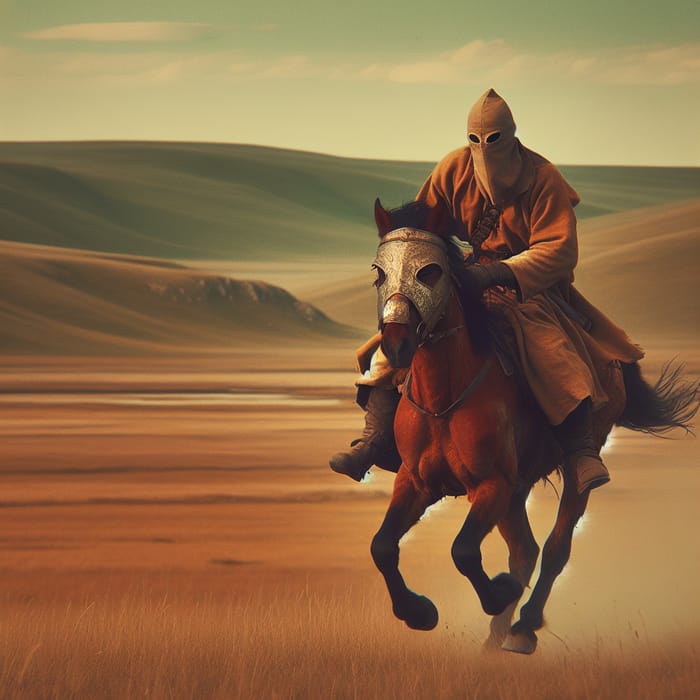 Masked Figure Riding Horse - Mysterious Scene on the Plains