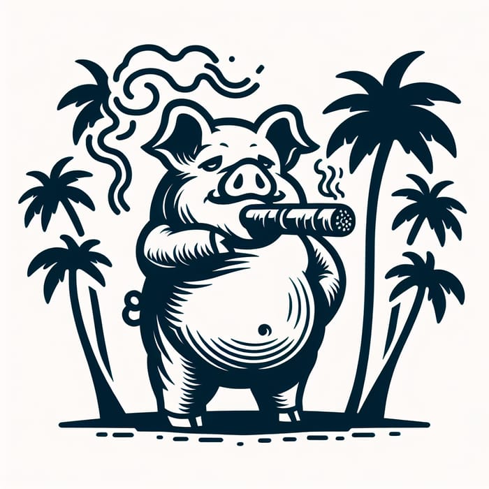 Chubby Cartoon Pig Smoking Cigar Surrounded by Palm Trees