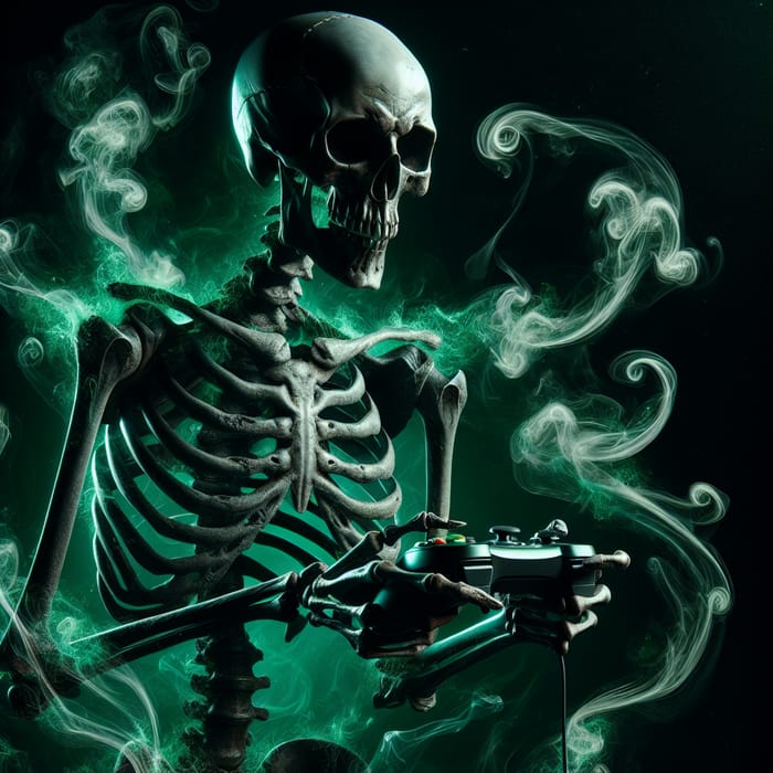 Skeleton Gamer in Green Flame Background