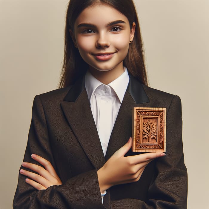Teen American Woman in Formal Suit with Wooden Carving