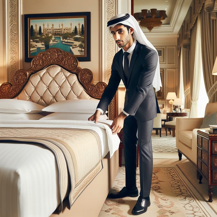Middle-Eastern Hotelier Adjusting Bed in Luxurious Room