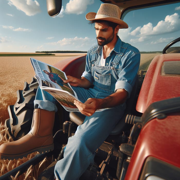 Farmer Reading Magazine in Tractor - Rural Agricultural Scene