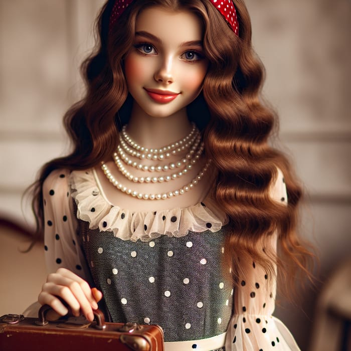 Vintage Style Girl Ready for Journey | 1920s Charm - Young Woman in Polka-dot Dress