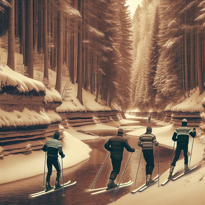 Skiers Explore Scenic Pine Forest by Riverbank
