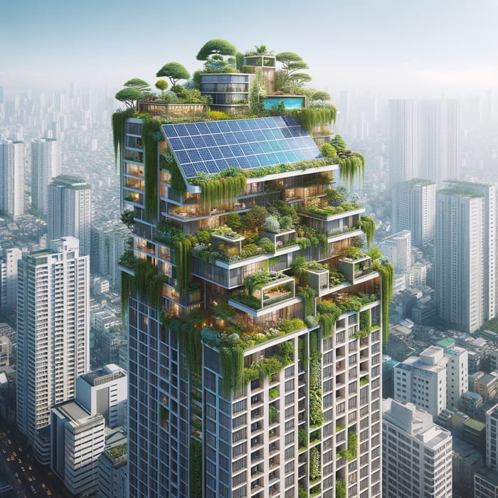Cozy High-Rise Building with Green Oasis and Solar Panels in Urban Setting