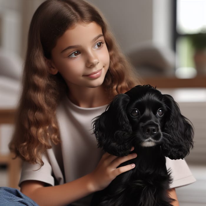 Black Spaniel and Girl - Loving Bond in Peaceful Home Setting