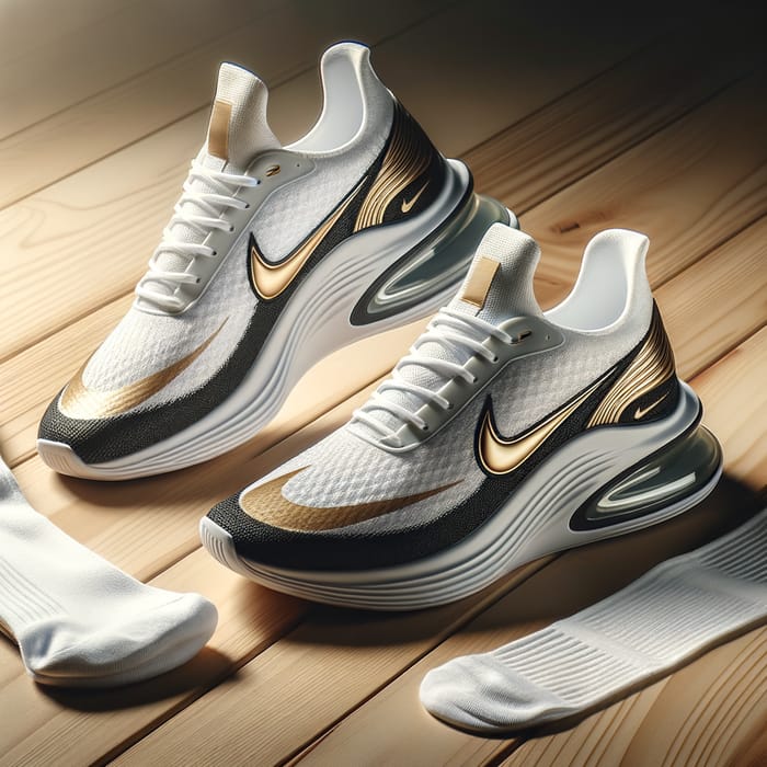 Sleek White Running Shoes with Gold Accents | Nike Swoosh Design