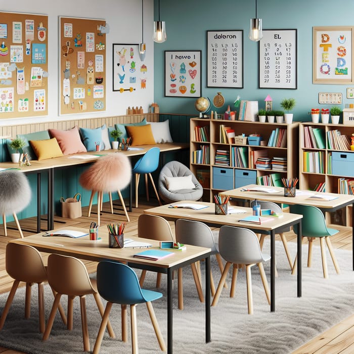 Vibrant Classroom Design with Collaborative Desks & Reading Corner