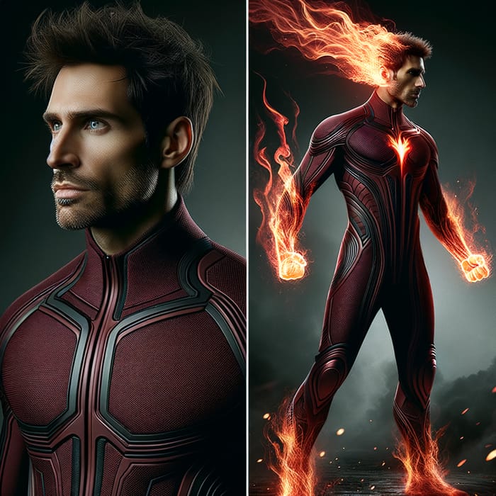 Futuristic Fire Manipulation Superhero in Maroon Suit