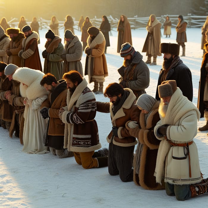 Forgiveness Scene on Snowy Square - Multicultural Gathering Under Sunlight