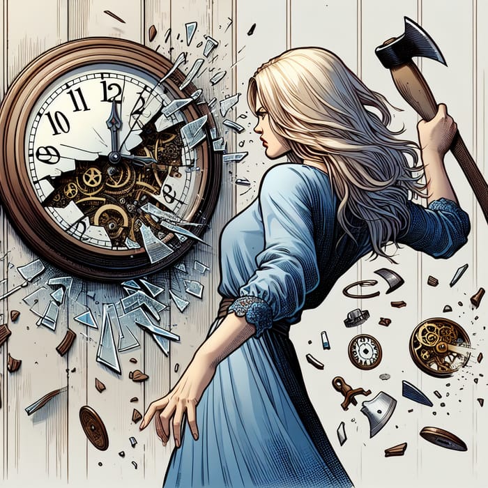 Blonde Woman Breaking Clock - Time Destruction Scene