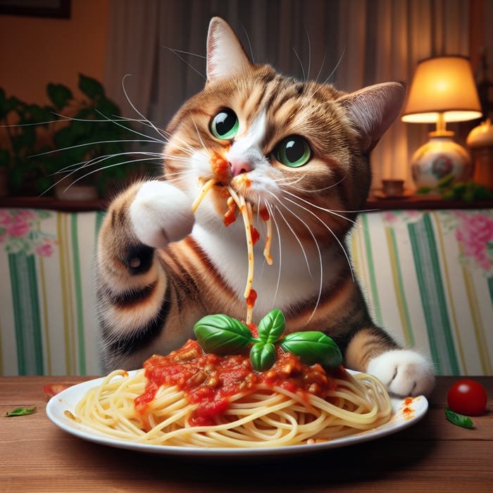 Adorable Cat Indulging in Spaghetti - Delightful Scene