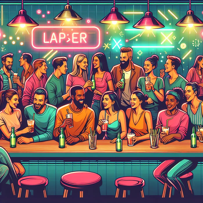 Vibrant Bar Scene with Bright Neon Lights and Energetic Crowd