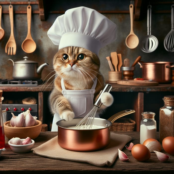 Creative Cat Chef Cooking Up a Storm in Rustic Kitchen