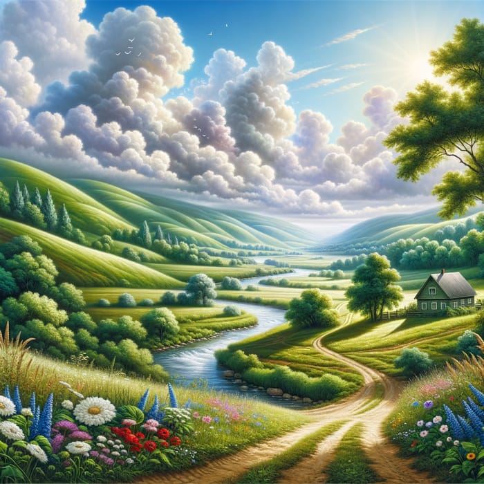 Tranquil Countryside Landscape with River and Cottage