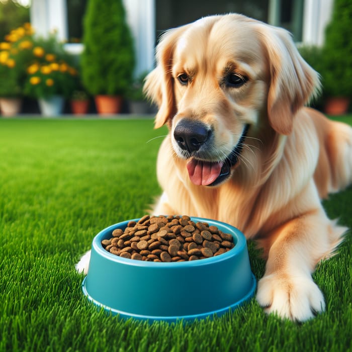 Golden retriever eating cheap
