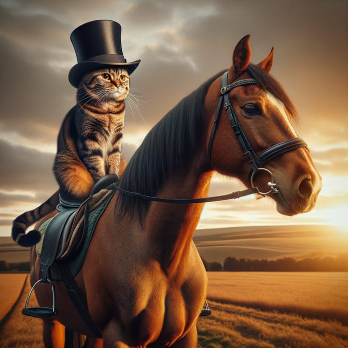Whimsical Cat in Top Hat Sitting on Horse in Golden Sunset