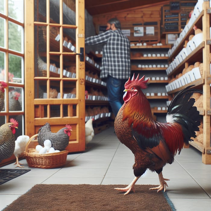 Rooster Visiting Poultry Store