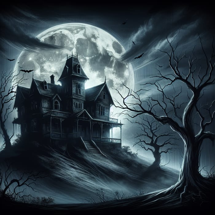 Horror Abandoned Mansion on Haunted Hill - Moonlit Scene