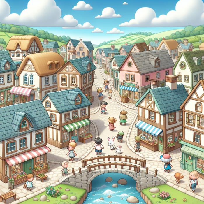 Charming Small Town Cartoon Scene | Pastel Buildings & Cobblestone Streets