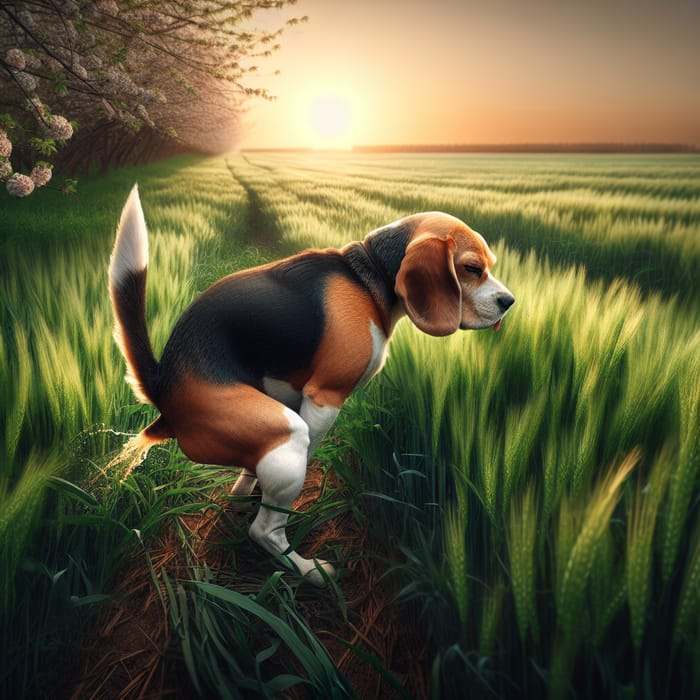 Tranquil Beagle Relieving Itself in Nature's Splendour