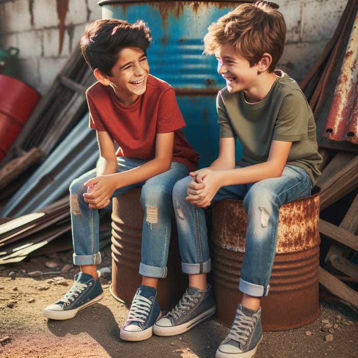 Boys Laughing on Rusted Bucket: Heartwarming Scene in Scrapyard