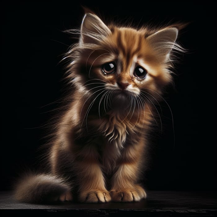 Very Sad Kitten on Black Background - Heartrending Picture