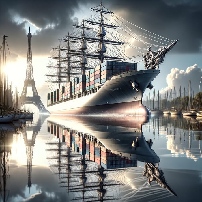 Intricate Da Vinci-style Container Ship Sailing to Eiffel Tower