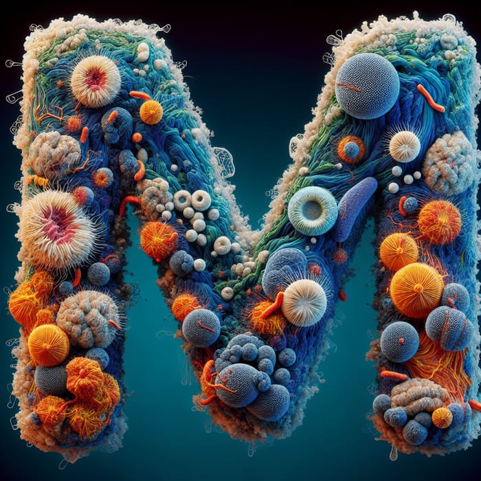 Macro Microscopic 'M' Art: Vibrant Germs Composition with Intricate Details