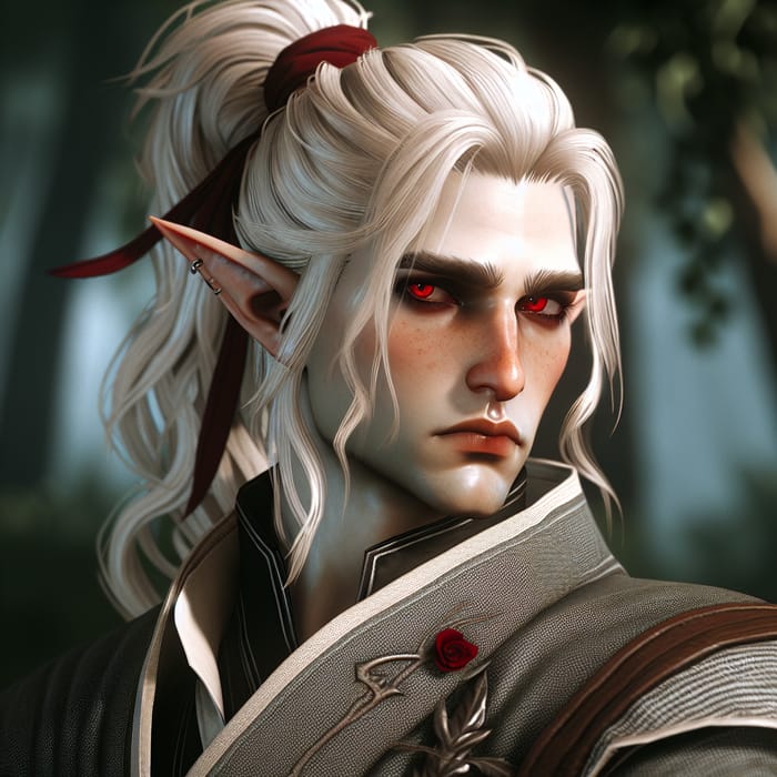 Elf Male with Red Eyes and White High Tail Hair | Fantasy Art