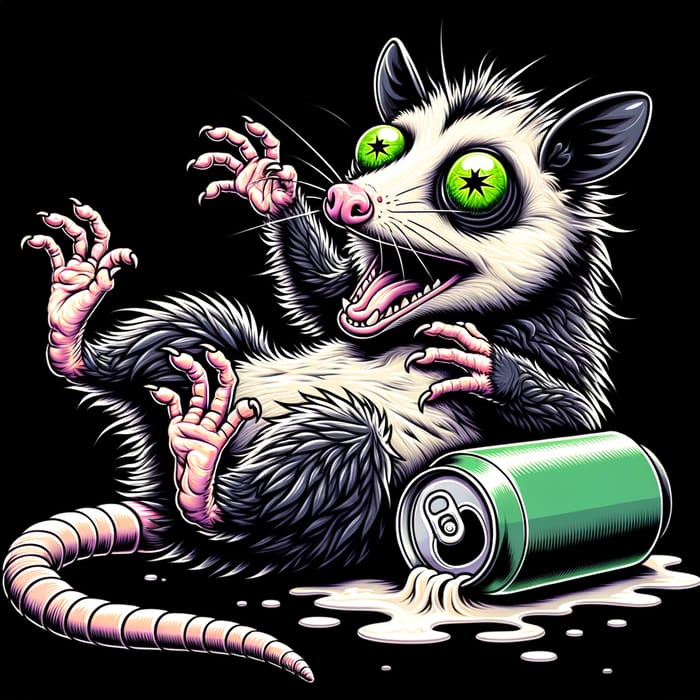 Humorous Possum Reacts: Energy Drink Overdose Illustration