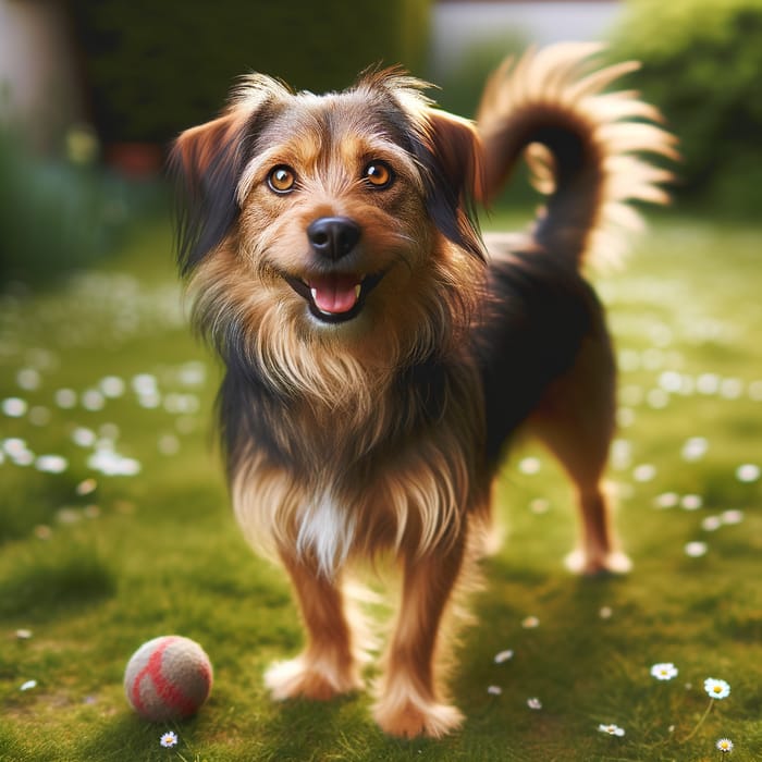 Adorable Mixed-Breed Dog Enjoying a Green Yard | Upbeat and Playful Moment