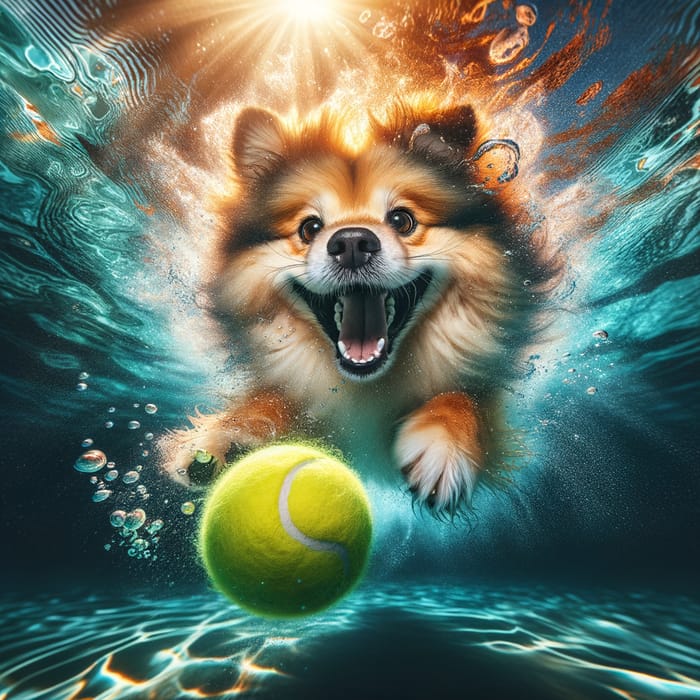 Joyful Dog Playing Underwater with Tennis Ball in Vibrant Colors