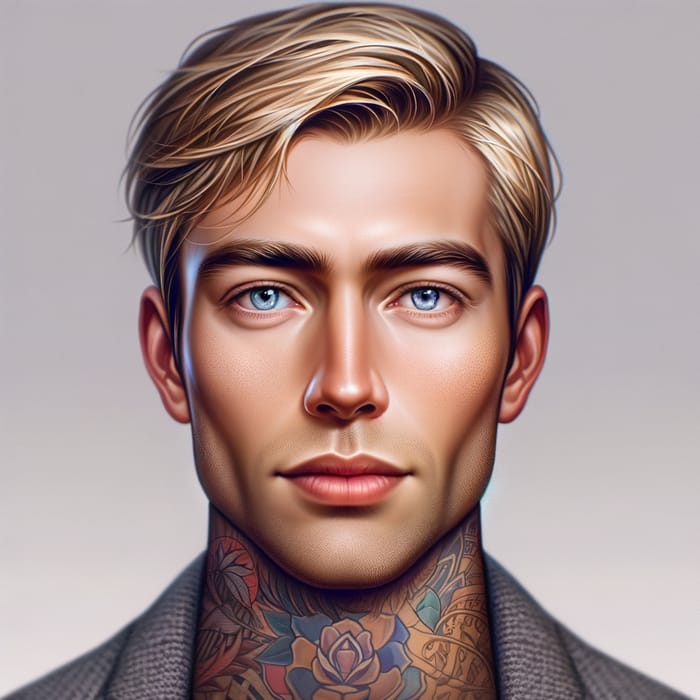 Symmetrical Blue-Eyed British Gentleman with Intricate Arm Tattoos