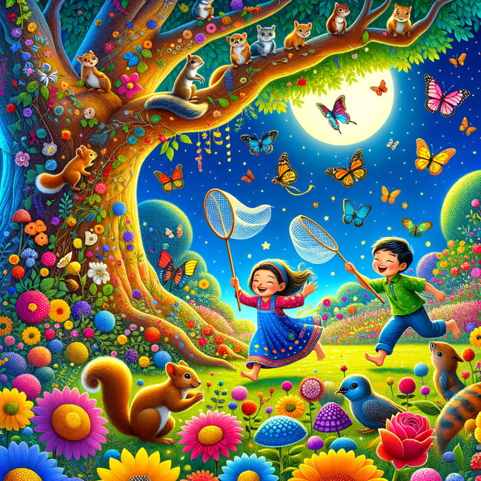 Multicolored Children's Garden Scene at Night - Playful Squirrels, Bees, Birds